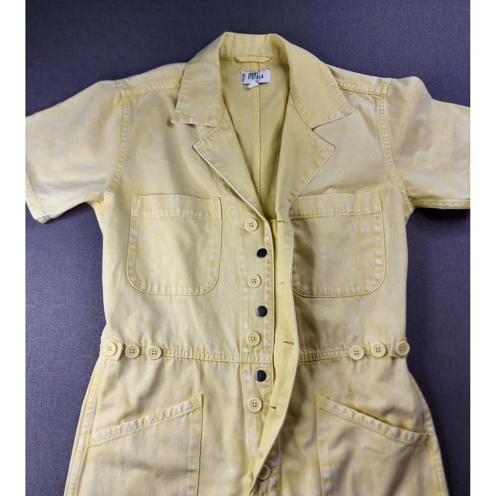 Pistola Yellow Denim Romper Womens Small Acid Wash Utility Button Front Playsuit - Picture 2 of 14